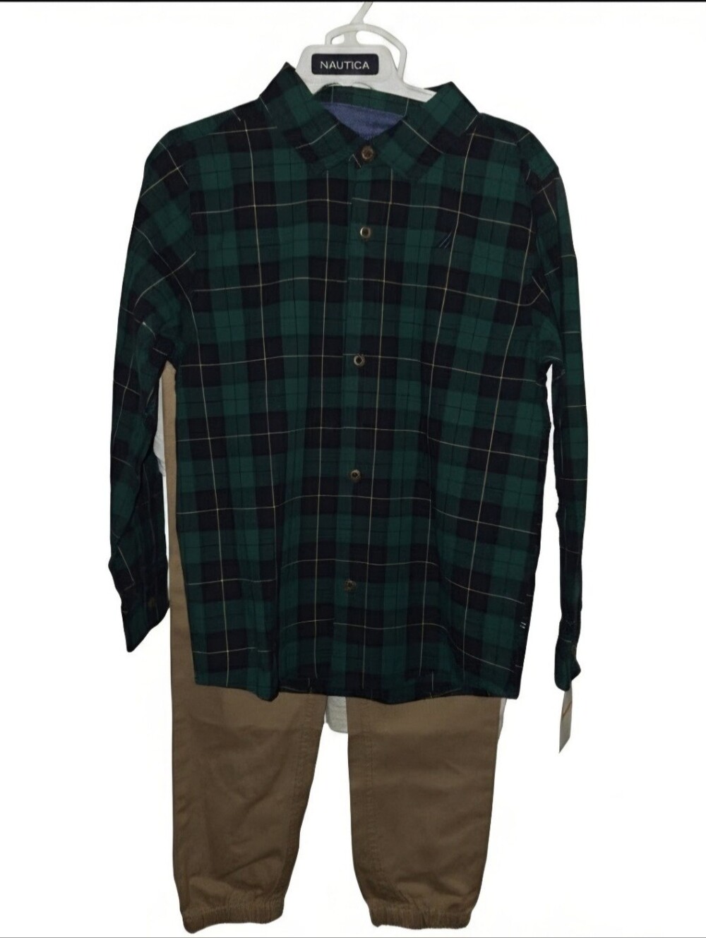 Nautica Boys3 Piece Size 7 Green Plaid Button-Down Shirt, Short Sleeve And Pants